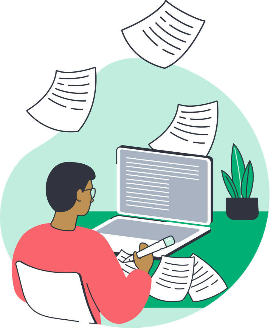 Fine-Print-Illustration Fine Print Illustration of person with forms at a computer